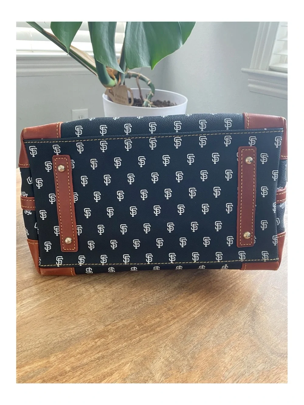 Dooney & Bourke MLB SF Giants Logo Monogram Satchel with Brown Trim